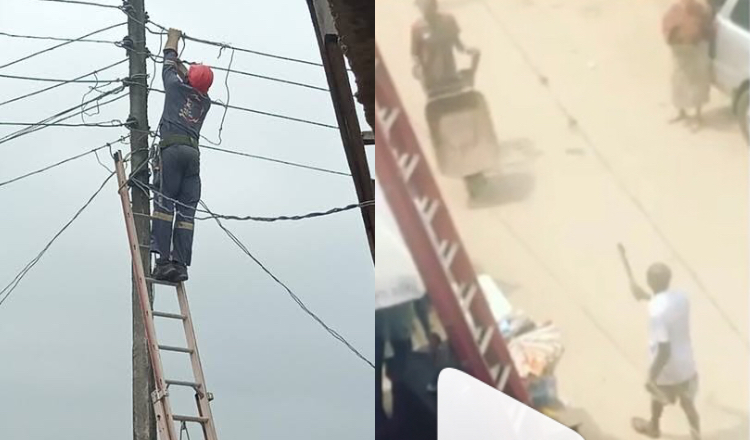 Nigerian man brings out cutlass to harvest the heads of EKEDC staff trying to cut his light in Ebute Meta, Lagos (Video)