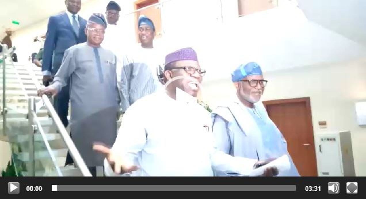 Image result for Governor Rotimi Akeredolu of Ondo State briefing journalists after a meeting with Vice President Yemi Osinbajo on Amotekun at the State House, Abuja.