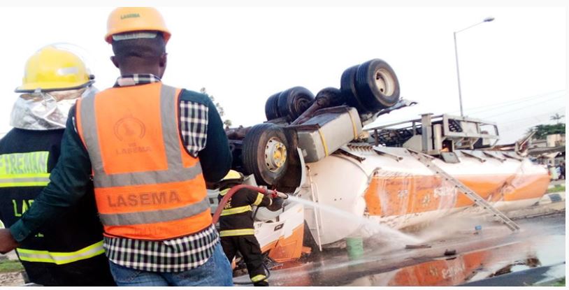 Fire explosion averted near National Stadium Lagos, as tanker somersaulted 