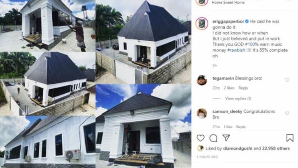 The Warri repping artiste unveiled his new mansion in a recent post he shared on his official Instagram page today, May 23, 2020. The rapper however stated that the house is “85% complete”.Sharing a photo collage of his mini mansion, Erigga with a grateful heart wrote the following in reverence to God; Meanwhile in another news, Nollywood actor Williams Uchemba has built a new house for a poor family that has been living in the slum for 13 years. "The rapper who gave thanks to God, said before now he didn't know how or when he was going to build his own house, but he just believed it was going to happen