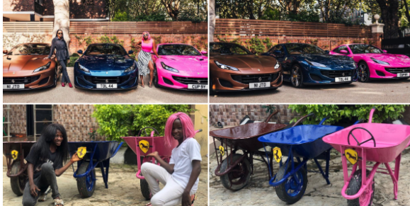 Ikorodu Boiz Recreate Photos Of DJ Cuppy And Her Sisters Ferrari Cars With Wheelbarrows