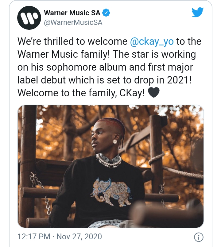 Warner Music Group Signs Nigerian Star Ckay 