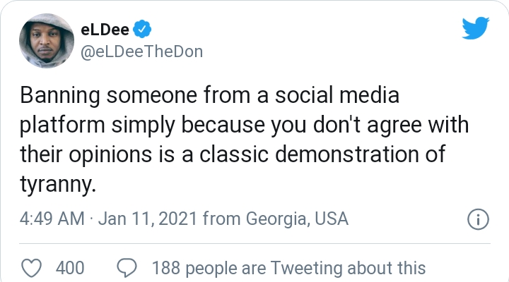 "Banning Someone From Social Media Is A Classic Demonstration Of Tyranny" Rapper Eldee Speaks On Ban Of Trump From Social Media