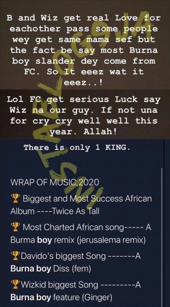 Burna Boy's PA Slam Wizkid Fans, Says There Is Only One King