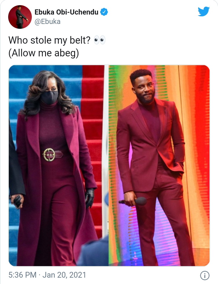 Ebuka Ask For Missing Belt As He Shares Photo Of Matching Outfit With Michelle Obama's Inauguration Look