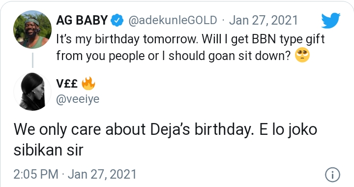 Checkout What Vee Said To Adekunle Gold As He Asks For BBNaija Type Of Gift For His Birthday