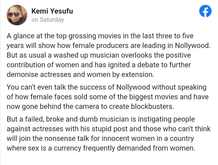 Writer, Kemi Yesufu Calls Out Ruggedman Over Post On Nigerian Actress' Earnings