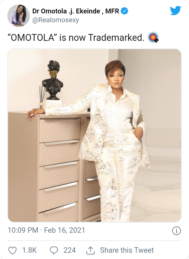 Nollywood Actress Omotola Jolade-Ekeinde Trademarks Her Name