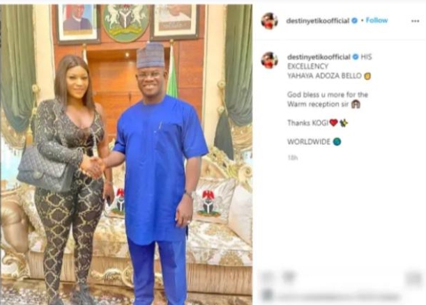 Nigerians Drag Actress Destiny Etiko Over Outfit She Wore To Visit Gov Yahaya Bello