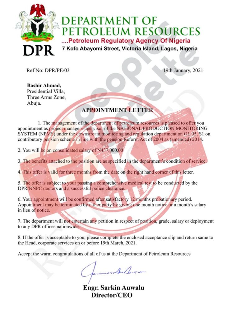 DPR disown fake appointment letter of Bashir Ahmad