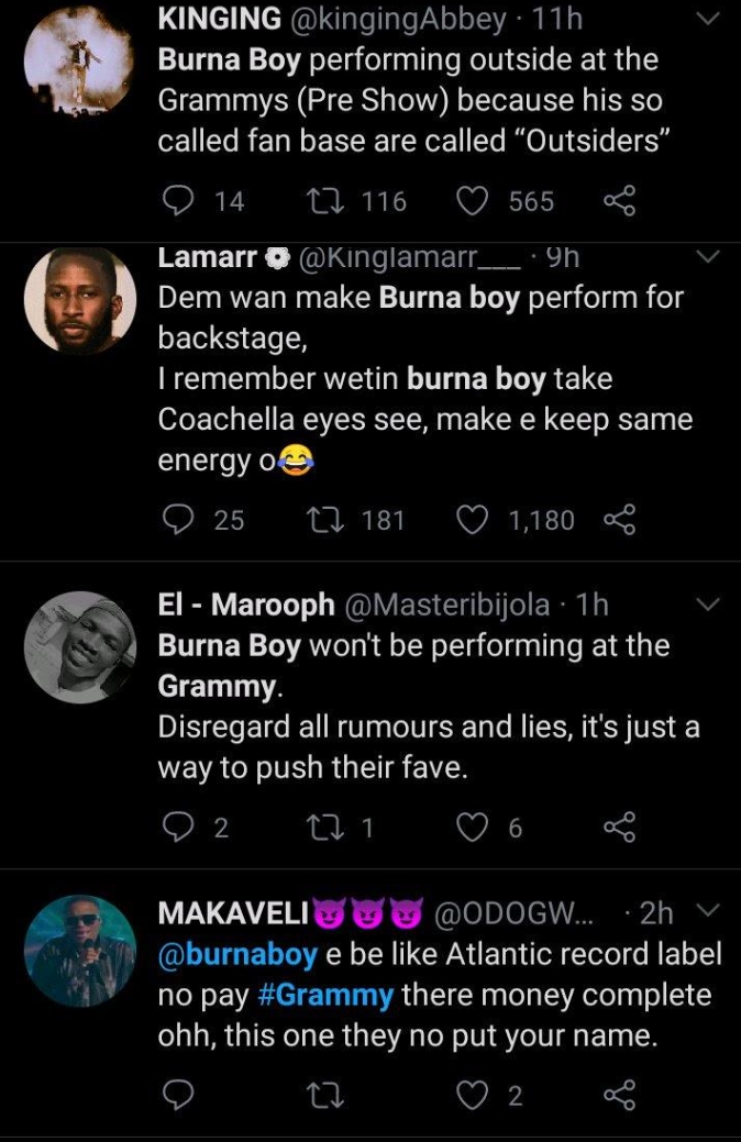 Reactions As Burna Boy's Name Is Omitted From List Of Artistes Performing At Grammy