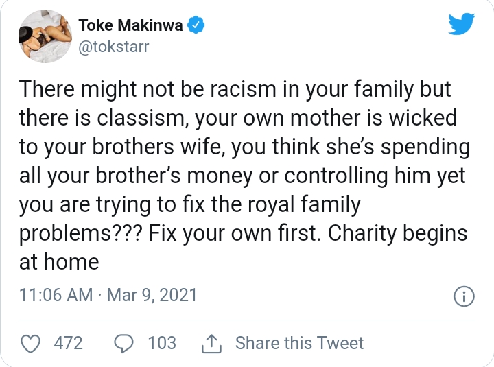 Before You Support Meghan, Make Sure Wives Married Into Your Family Are Not Going Through Hell- Toke Makinwa Fumes