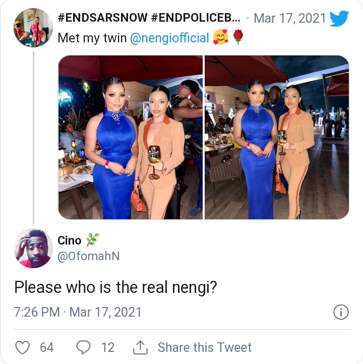 Reactions As BBNaija's Nengi And Her Lookalike's Photo Emerge On Twitter