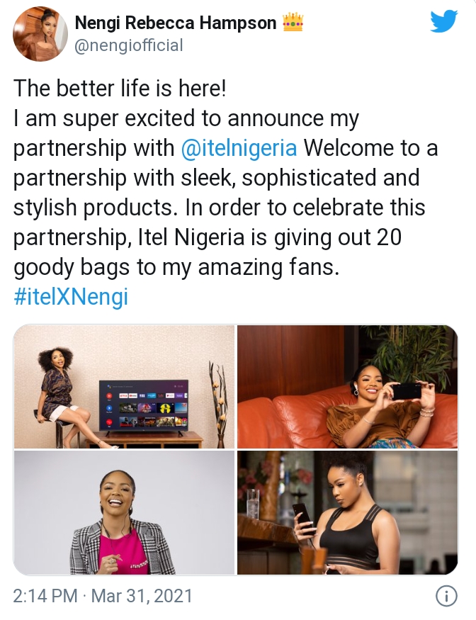 BBNaija's Nengi Bags Partnership Deal With Leading Smartphone Company, Itel Nigeria
