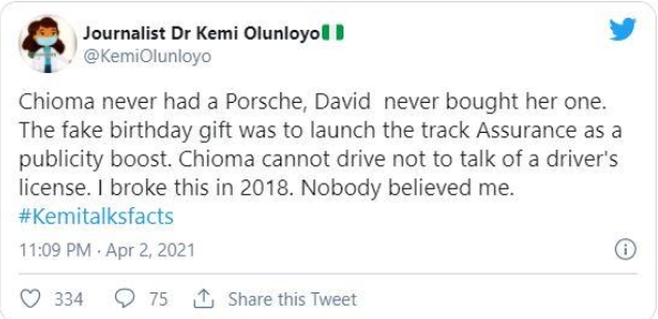 'Chioma Never Had A Porsche, It's A Fake Birthday Gift' - Kemi Olunloyo Reveals