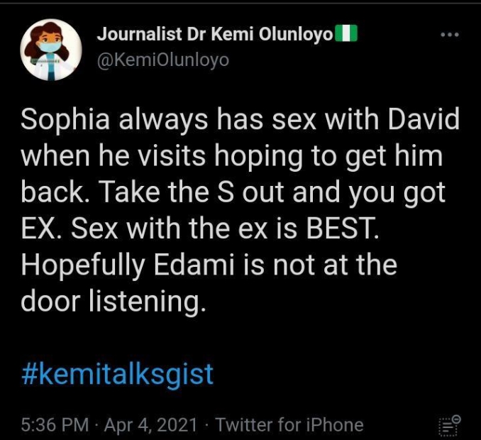 'Sophia Always Has Sex With David Hoping To Get Him Back' - Kemi Olunloyo Alleges