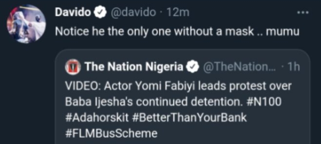 See Davido's Reaction To Yomi Fabiyi's Protest Over Baba Ijesha's Continued Detention
