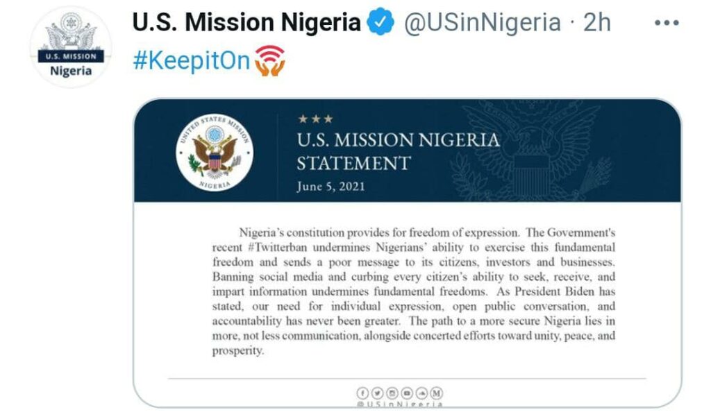 #KeepItOn: Us Slams Nigeria's #TwitterBan, Describes It As 'Poor Message'