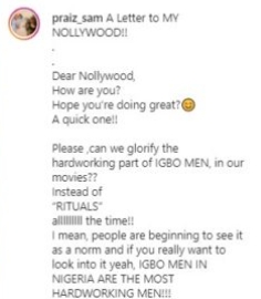 Stop Portraying Igbo Men As Ritualists In Movies- Actress Praiz Sam