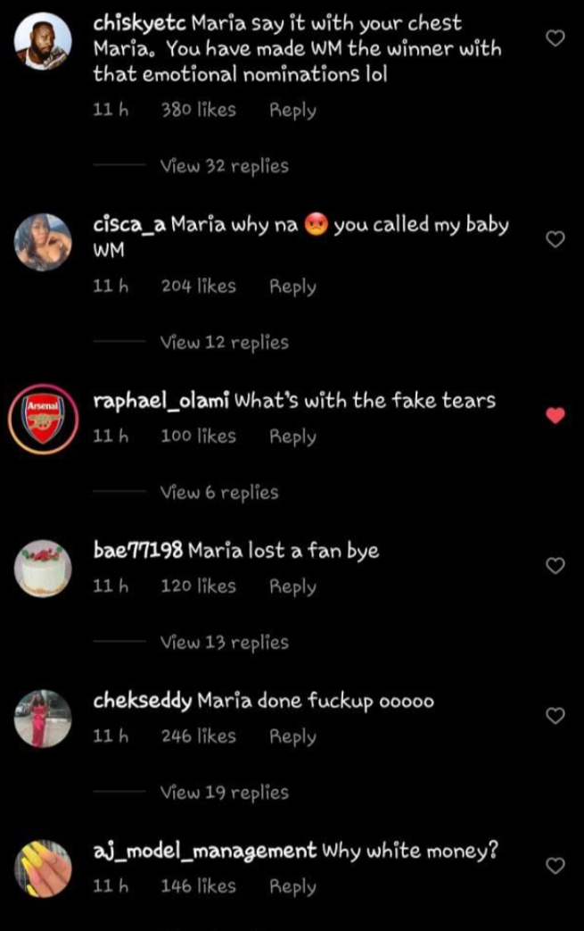 BBNaija 2021: Maria's Fans React After Picking Whitemoney Up For Eviction