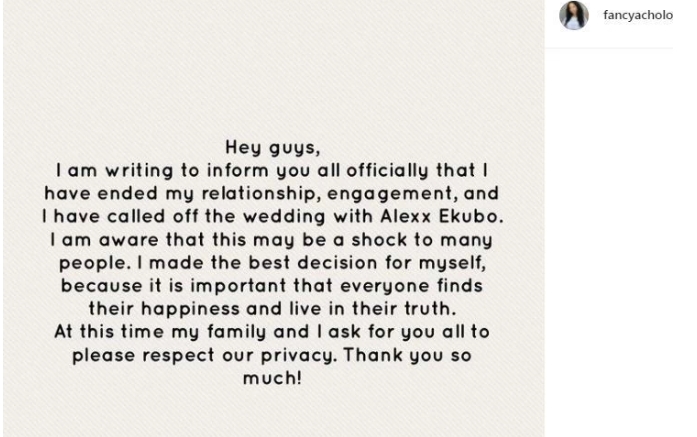 Alexx Ekubo, Fancy Acholonu's Engagement Finally Hit The Rocks