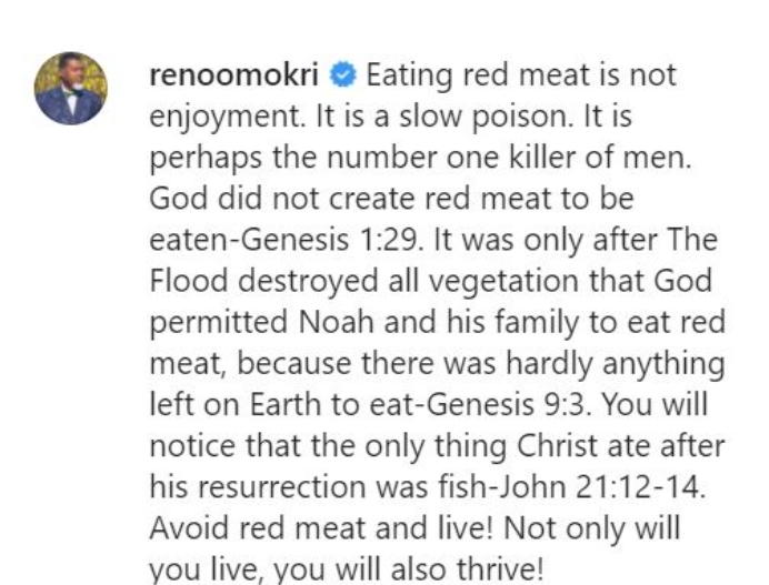 Reno Omokri Says Red Meat Is Slow Poison