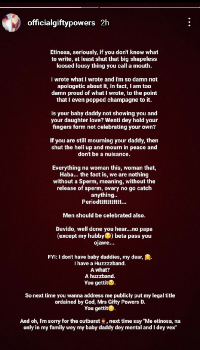 Is Your Baby Daddy Not Showing You Love- Gifty Powers Slams Etinosa 