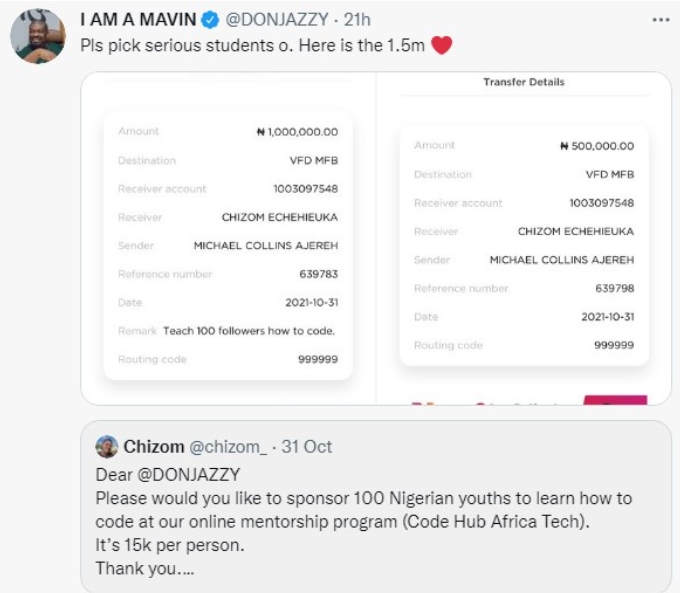 Don Jazzy Donates N1.5M To Empower 100 Nigerian Youths 