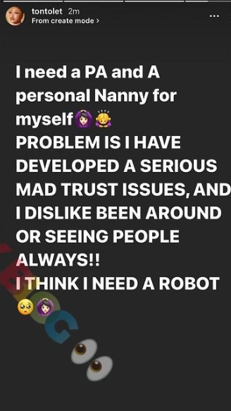 Tonto Dikeh Speaks On Trust Issues With Humans, Says She Needs A Robot