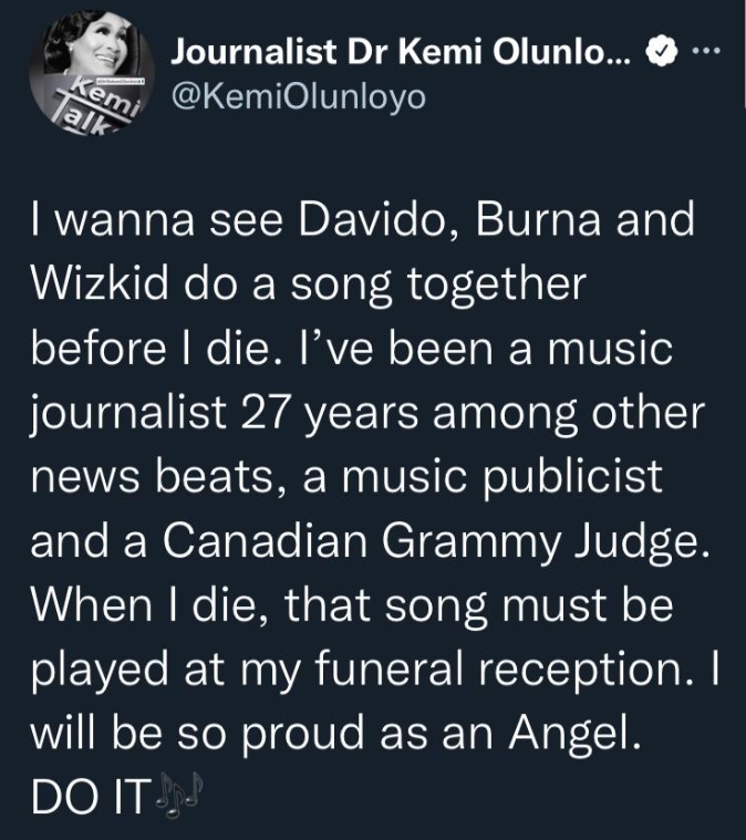 Kemi Olunloyo Reveals Song To be Played During Her Funeral