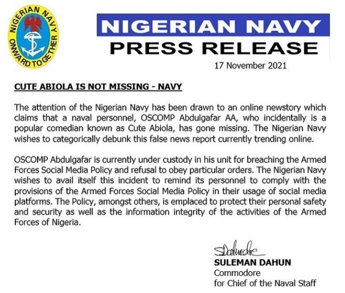 Nigerian Navy Reacts To Disappearance Of Comedian Cute Abiola