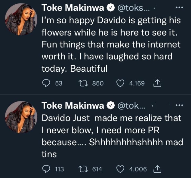 Toke Makinwa Reacts To Davido's Huge Birthday Donation