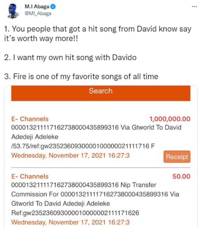 Davido Reacts As MI Abaga Begs For A Song Collaboration