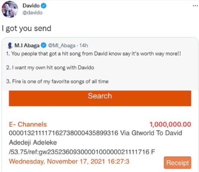 Davido Reacts As MI Abaga Begs For A Song Collaboration