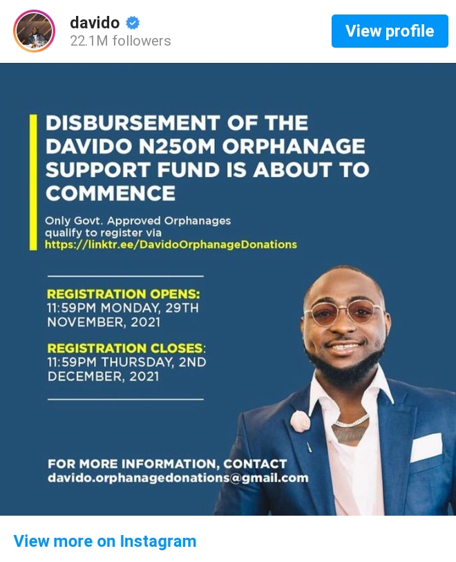 Only Government Accredited Orphanage Homes Are Qualified For The N250M Fund- Davido Reveals