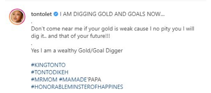 Tonto Dikeh Hails Self Says She's A Wealthy Gold Digger