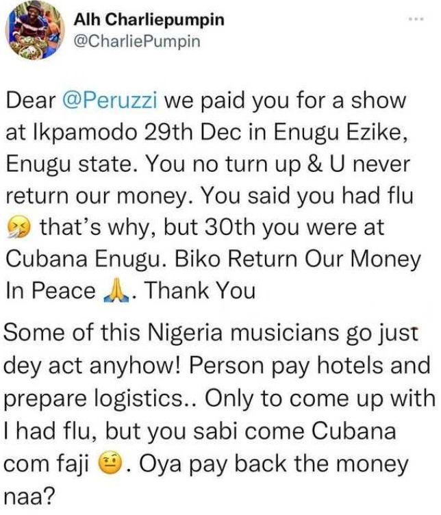 Return Our Money- Man Drags Singer Peruzzi Over Failure To Attend Show