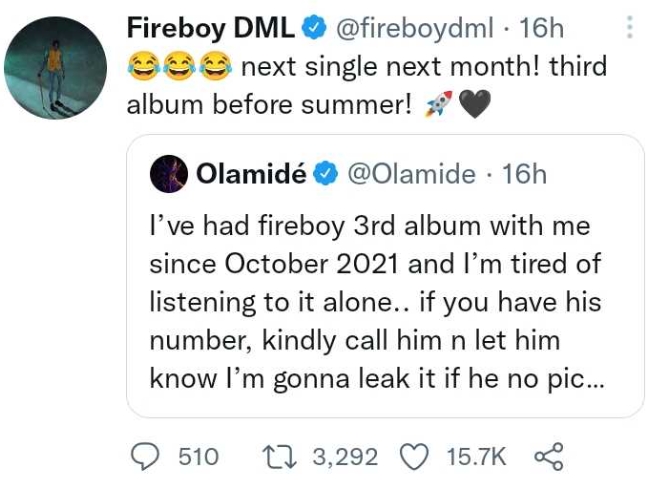 Fireboy Reacts After Olamide Threatened To Leak His Album