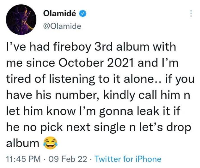 Fireboy Reacts After Olamide Threatened To Leak His Album