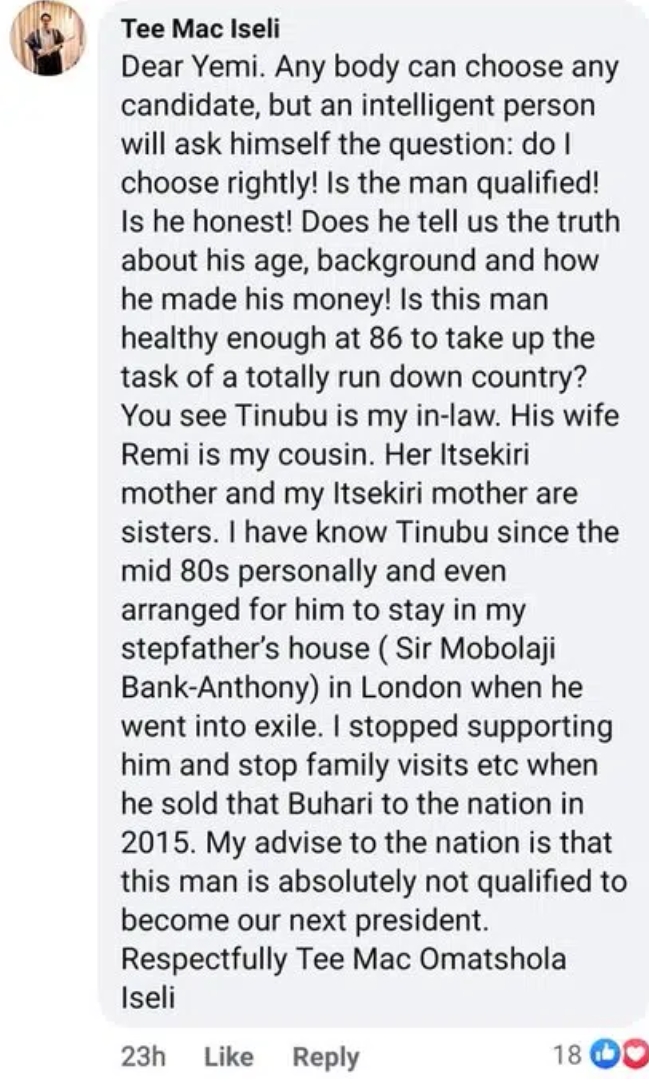 Tinubu Is Not Qualified To Become Nigeria's President- Veteran Singer Tee Mac 