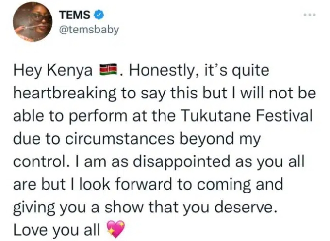 I Won't Be Performing At The Tukutane Festival- Tems Tell Kenya Fans