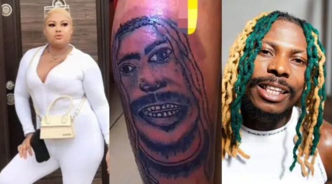 This One Na Mr Money Wey Dey Waste Time- Reactions As Lady Tattoos Asake's Face On Her Body