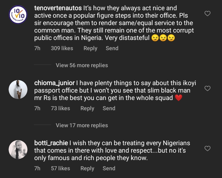 This however stirred up mixed reactions among fans of the actor ad many mocked the immigration officers for being nice to celebrities and rude to average Nigerians. Read some reactions below: @Alli: “It’s how they always act nice and active once a popular figure steps into their office. Pls, sir encourage them to render the same/equal service to the common man. They still remain one of the most corrupt public offices in Nigeria. Very distasteful” @Rachel: “I wish they can be treating every Nigerian that comes in there with love and respect…but no it’s only famous and rich people they know.” “This life just have money, see as immigrant Dey follow up and down, I no even pray my passport expires any time soon cuz I can’t even imagine the stress again,” 