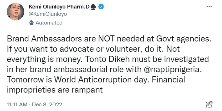 Tonto Dikeh Must Be Investigated- Kemi Olunloyo Reacts To D'banj's Fraud Case