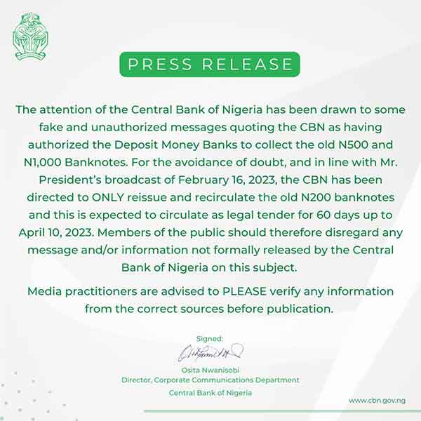 Central Bank of Nigeria says it did not ask commercial banks to resume collection of old notes
