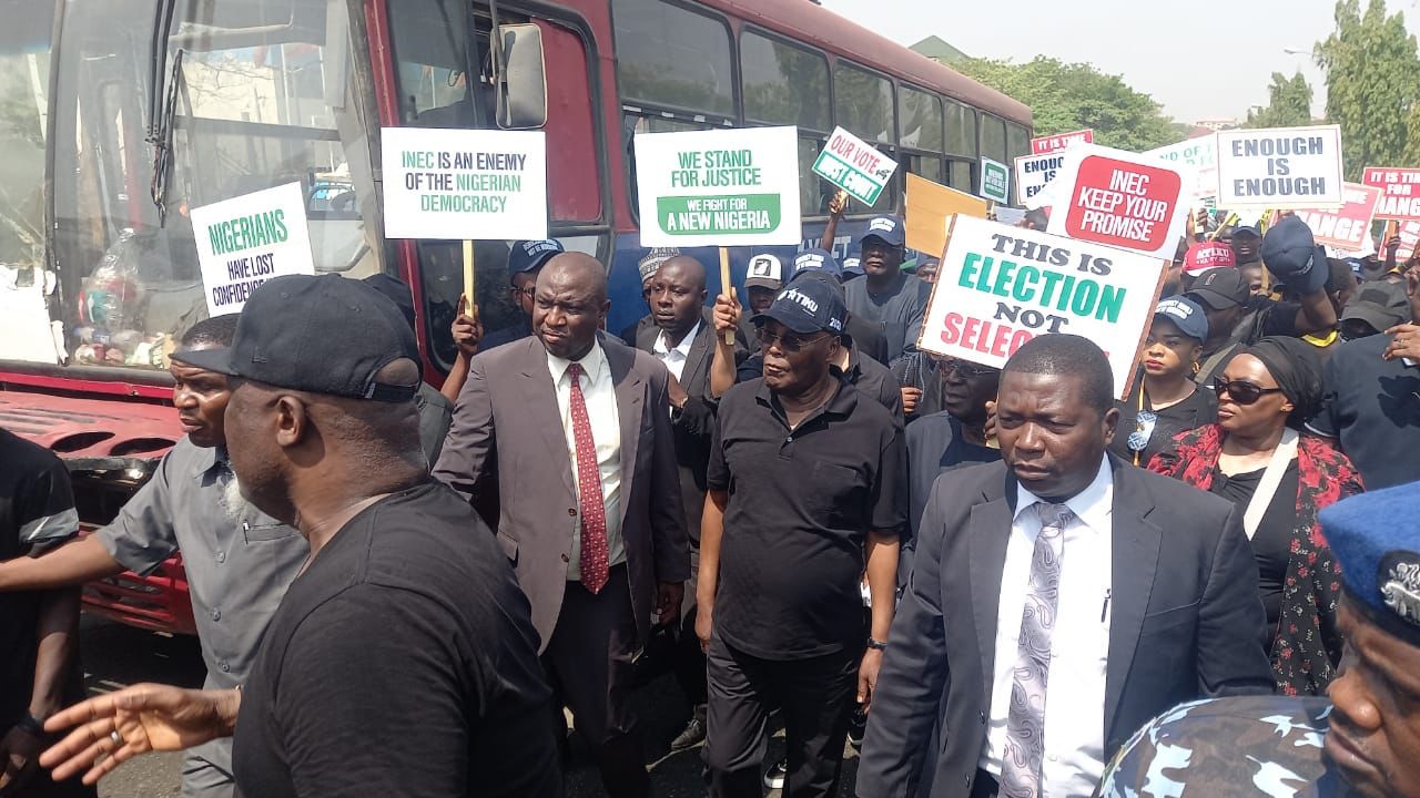 Reactions As Atiku Leads Protest To INEC Headquarters 