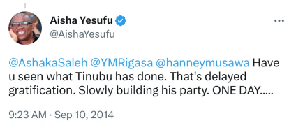 Old tweet of Aisha Yesufu praising Tinubu