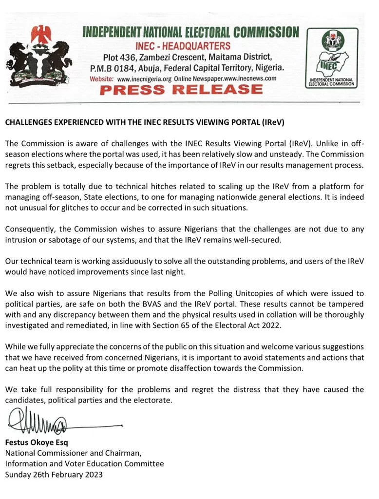 INEC’s Statement
