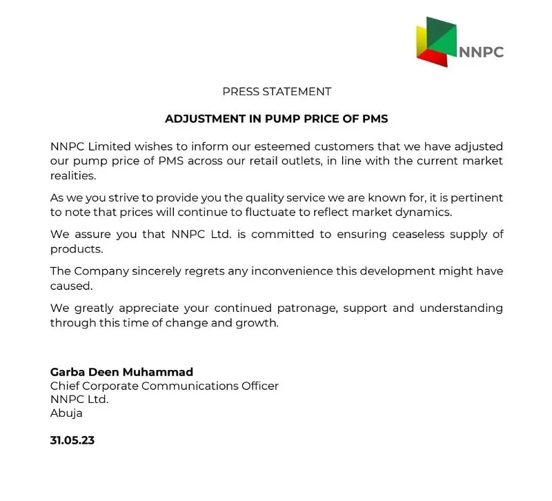 NNPC official statement on petrol price
