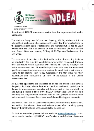 Dates for NDLEA recruitment test